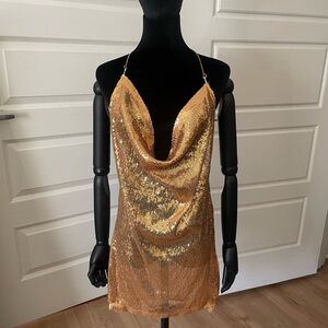 New M Gold Sequin Halter Dress New Years Rave